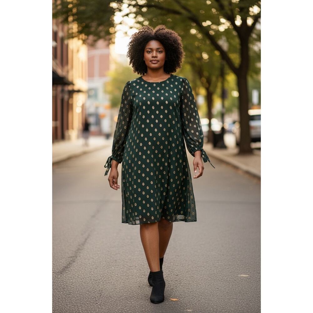 Calvin Klein Green Shift Dress with Bishop Sleeves and gold threaded design